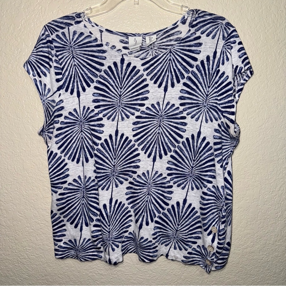 Joie 100% Linen Navy Botanical Print Blouse Women’s L Coastal Resort Top